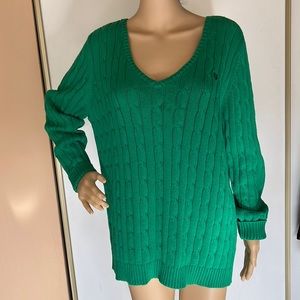 Chaps Green V neck cable sweater